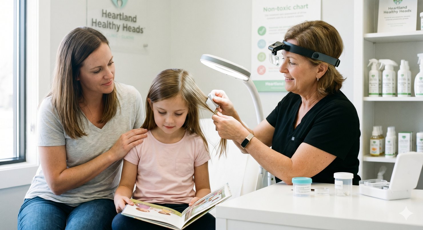 A professional lice removal specialist at Heartland Healthy Heads clinic in Olathe using a high-magnification lamp and specialized comb to screen a young girl's hair for nits while her mother looks on.