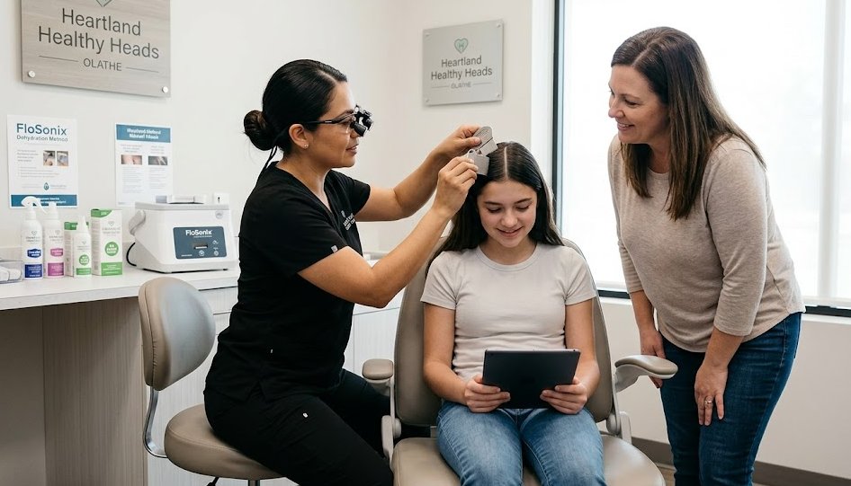 A Nurse Practitioner at Heartland Healthy Heads explaining the lice life cycle to a mother and child in a professional, clinical setting in Olathe.