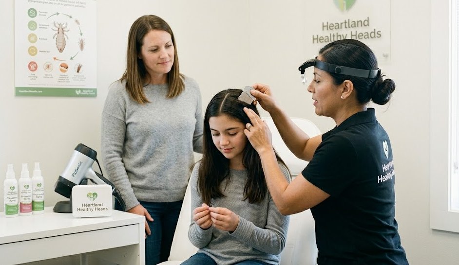 A close-up of a professional lice removal specialist using a specialized nit comb and medical-grade lighting to ensure a 100% effective treatment at Heartland Healthy Heads.