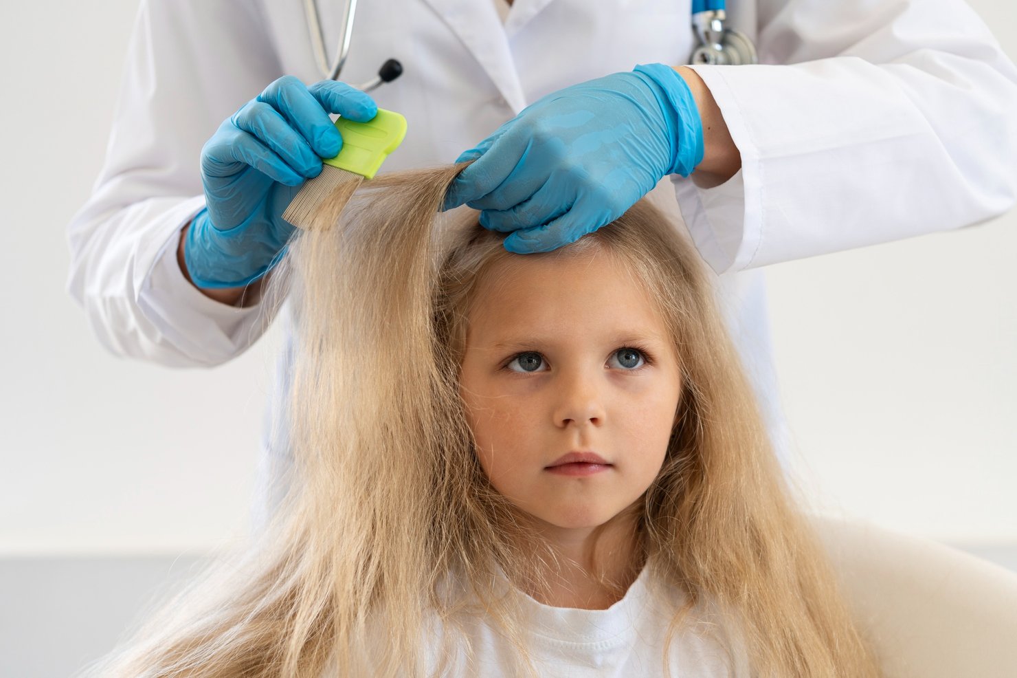 little girl getting her hair checked for lice by a professional