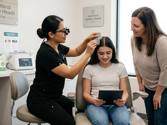 A Nurse Practitioner at Heartland Healthy Heads explaining the lice life cycle to a mother and child in a professional, clinical setting in Olathe.
