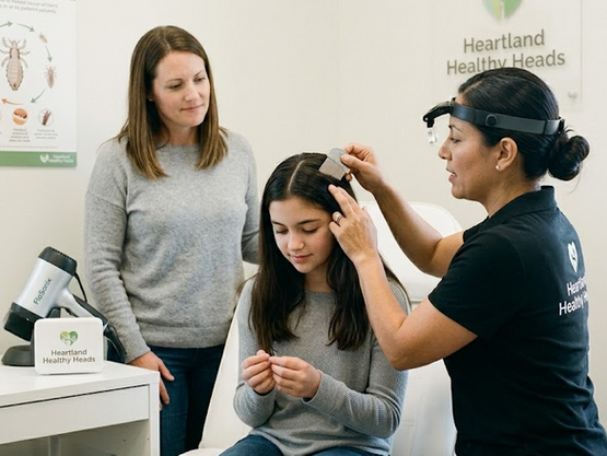 A close-up of a professional lice removal specialist using a specialized nit comb and medical-grade lighting to ensure a 100% effective treatment at Heartland Healthy Heads.
