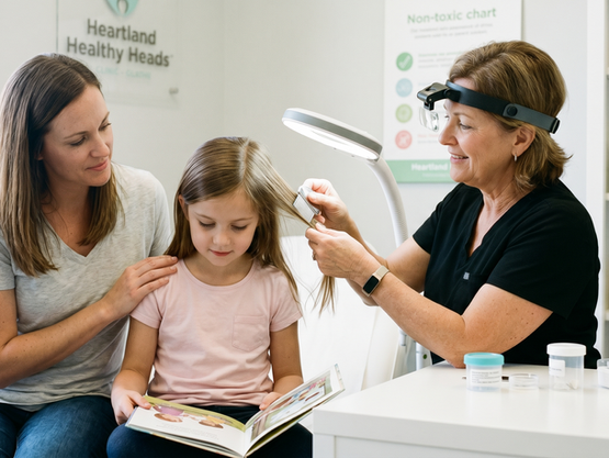 A professional lice removal specialist at Heartland Healthy Heads clinic in Olathe using a high-magnification lamp and specialized comb to screen a young girl's hair for nits while her mother looks on.