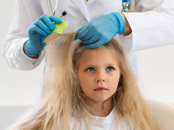 little girl getting her hair checked for lice by a professional